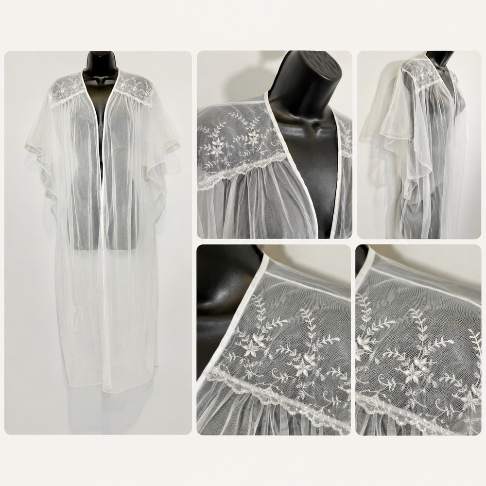 Cinema Etoile Vintage Sheer Mesh Embroidered Robe White Large Bridal Vicotorian